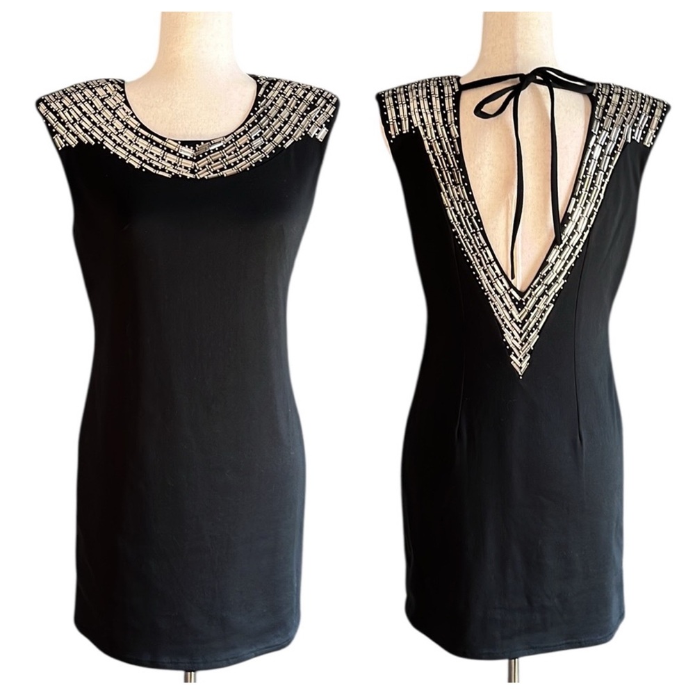 Allen Schwartz Prive sleeveless sheath dress with a beaded, embellished neckline